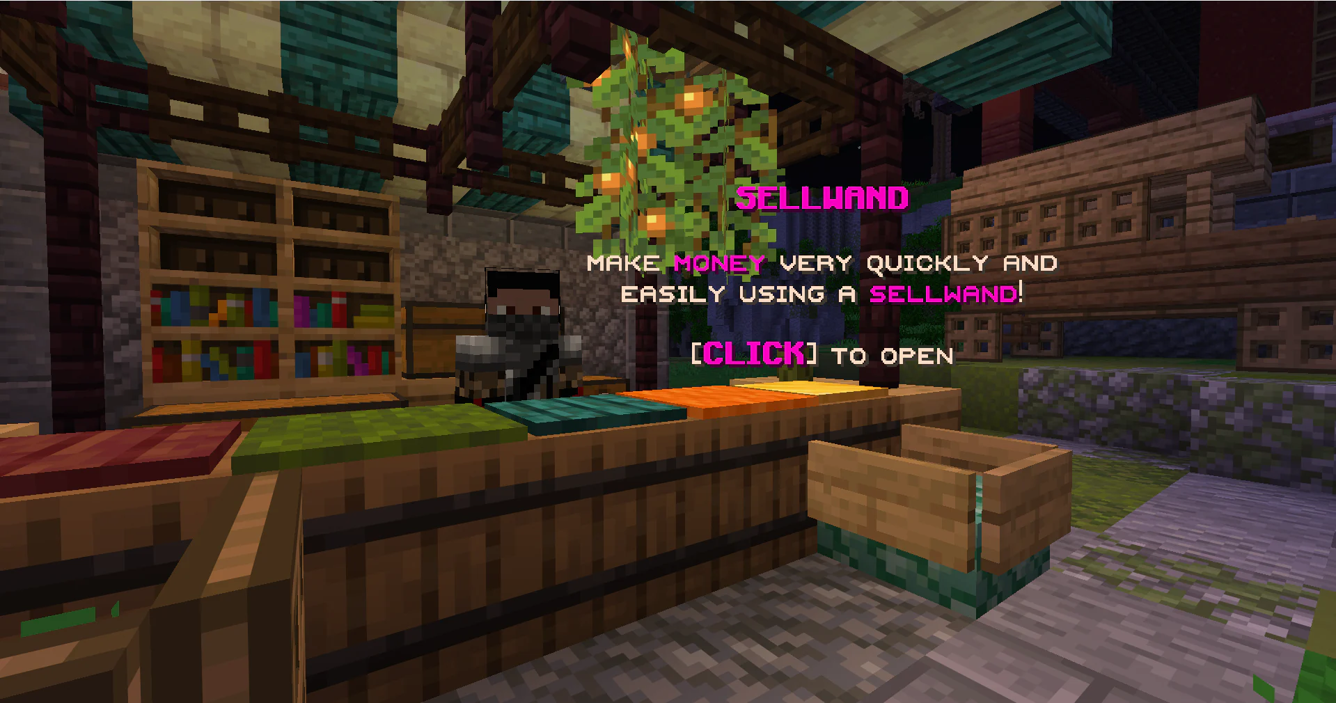Minecraft Sellwand NPC with a hologram explaining its economy function