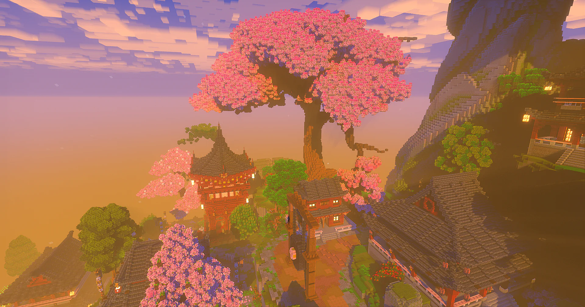 Minecraft server environment with a large pink tree and surrounding buildings